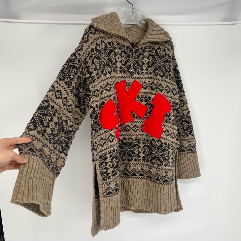 Free People Mt. Snow "SKI" Half Zip Collared Winter Knit Pullover Tunic Sweater - Picture 3 of 11